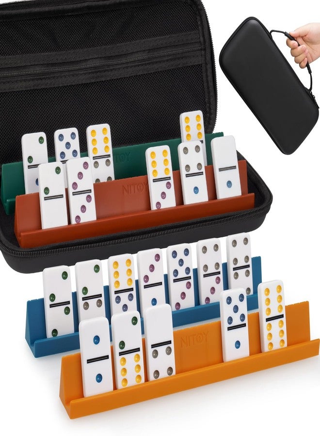 NiToy Double 6 Dominos Set for Adults with 28 Tiles 2x1x0.28 Inches & 4 Silicone Domino Racks 10x1.18x1.18 Inches, Classic Board Games with Portable Case for Family Game Nights & Travel - Image 1
